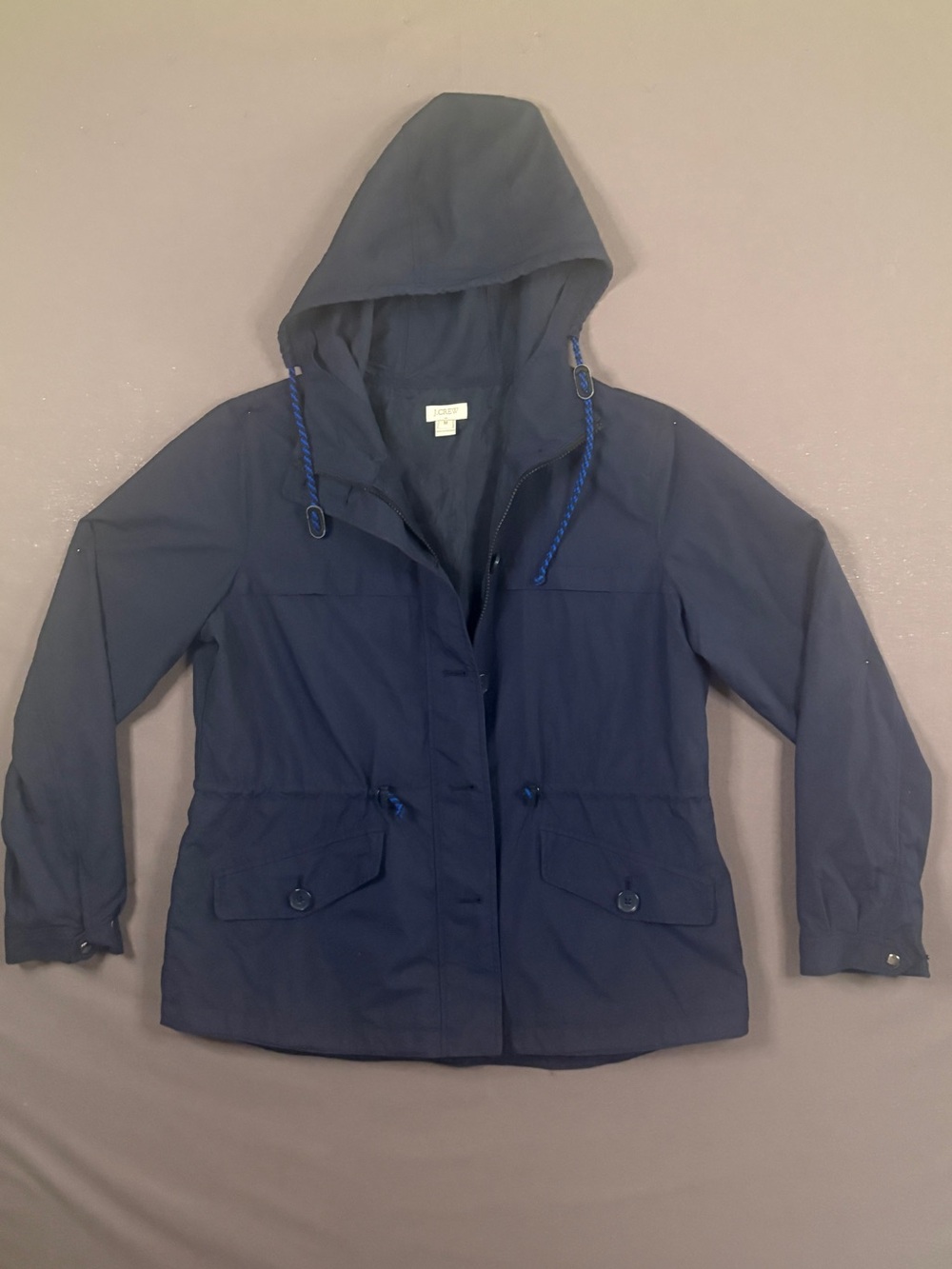 J.Crew Women’s Navy Hooded Anorak Jacket M Drawstring Cinch Waist Lined